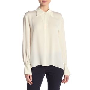 Theory Silk Keyhole Longsleeve Cream Blouse